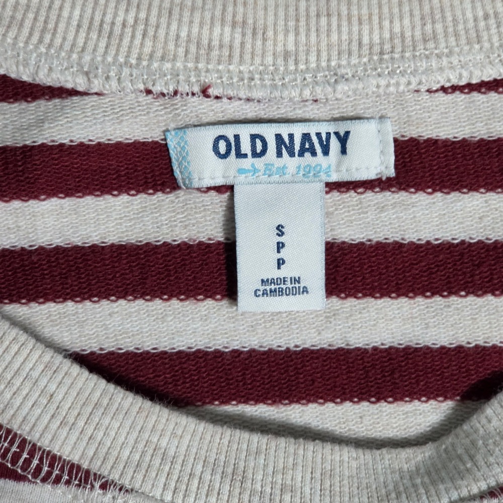 Old Navy Womens Small Burgundy Cream Striped Raglan French Terry Sweatshirt - Picture 4 of 5